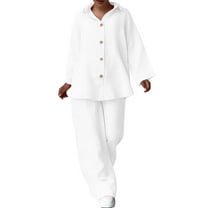 HAiming Women's Plus Size Cotton Linen 2 Piece Outfits Casual Lapel Neck Button Shirt and Wide Leg Pants Loose Set