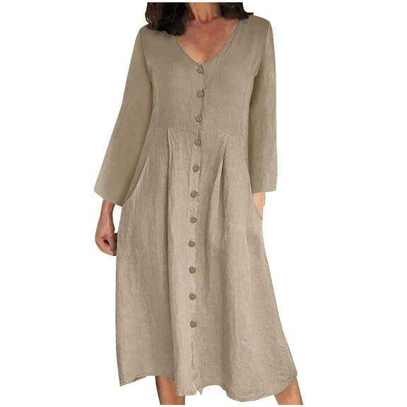 HAiming Women's Plus Size Cotton Linen Dress Casual Loose V Neck Button down Long Sleeve Midi Long Dress with Pockets