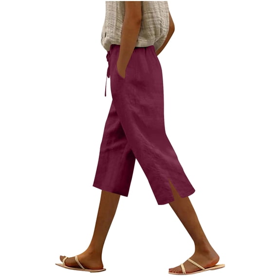 HAiming Women's Plus Size Pants Linen Capris Pants Loose Leisure Pants Split Solid Color High Elastic Waist Comfy Pants with Pockets
