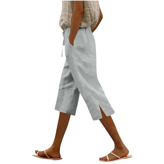 HAiming Women's Plus Size Pants Linen Capris Pants Loose Leisure Pants Split Solid Color High Elastic Waist Comfy Pants with Pockets