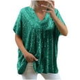 thumbnail image 1 of HAiming Women's Plus Size Sequin Tops Casual Sparkly Glitter Short Sleeve V Neck Loose T Shirts Plus Size Party Blouse, 1 of 5