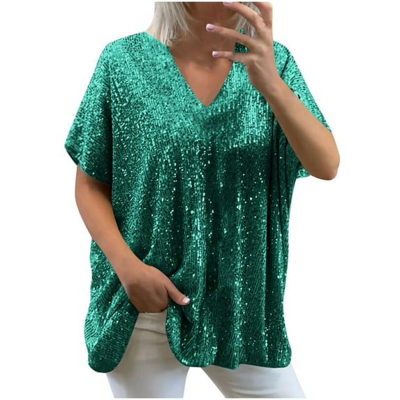 HAiming Women's Plus Size Sequin Tops Casual Sparkly Glitter Short Sleeve V Neck Loose T Shirts Plus Size Party Blouse