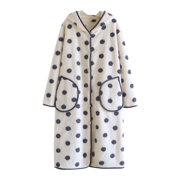 HAiming Women's Polka Dots Fleece Pajamas Fuzzy Loose Button down Cardigan Warm Winter Bathrobe with Pockets