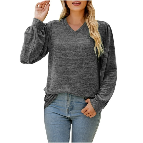 HAiming Women's Puff Long Sleeve Shirts Solid Color V Neck Pullover Basic Blouse Loose Casual Tunic Tees Tops