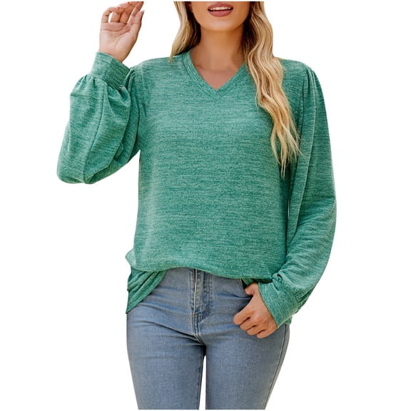 HAiming Women's Puff Long Sleeve Shirts Solid Color V Neck Pullover Basic Blouse Loose Casual Tunic Tees Tops