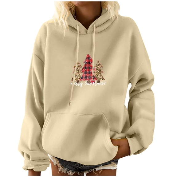 HAiming Women's Pullover Sweatshirts Christmas Printed Drawstring Long Sleeve Casual Loose Hoodie Tops with Pocket
