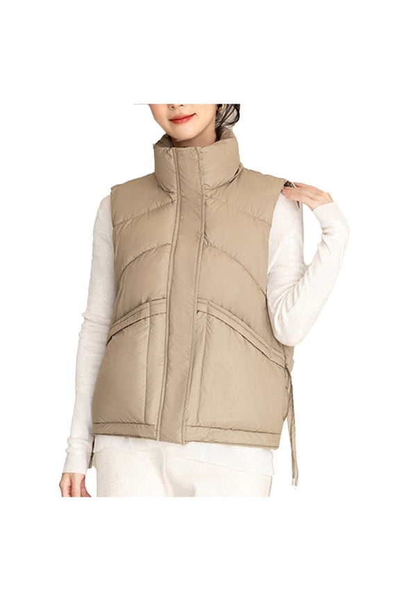Women's Quilted Vest Sleeveless Sand Collar Zip up Jacket Winter Warm Coat Outerwear with Pockets
