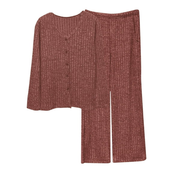 HAiming Women's Ribbed Knit Pajamas Sets Long Sleeve Button down Tops Pants Sleepwear 2 Piece Outfits Soft Loungewear