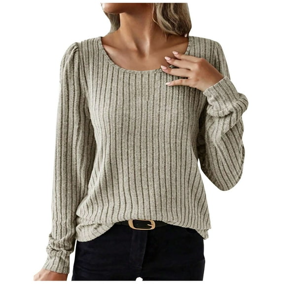 HAiming Women's Ribbed Knit Shirts Solid Color Round Neck Long Sleeve Tops Fall Winter Casual Loose Pullover Blouse