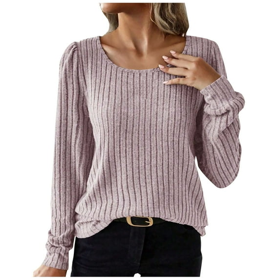 HAiming Women's Ribbed Knit Shirts Solid Color Round Neck Long Sleeve Tops Fall Winter Casual Loose Pullover Blouse