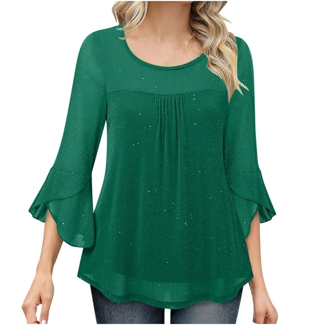 HAiming Women's Ruffled 3/4 Sleeve Elegant Dressy Blouses Crew Neck Double Layer Mesh Tunic Tops Loose Basic Pullover