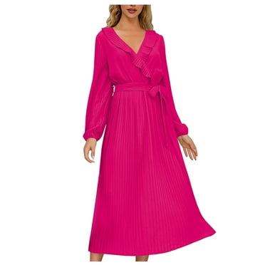 HAiming Women's Ruffled V-Neck Long Dress Fall Long Sleeved Belted Pleated Dresses 2024 Casual Solid Flowy Maxi Dress