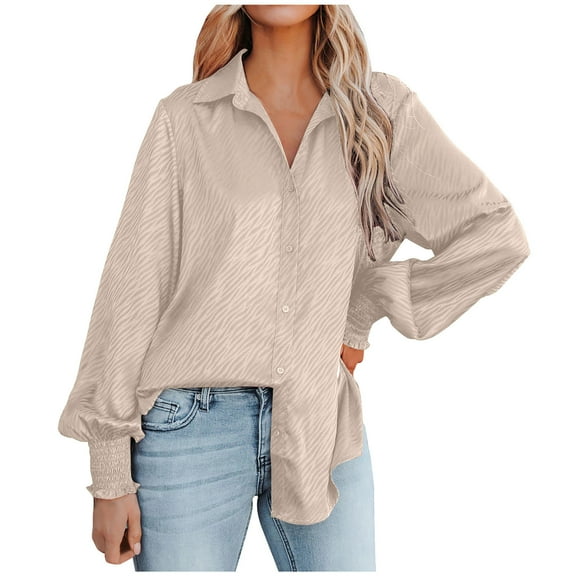 HAiming Women's Satin Long Sleeve Shirt Lapel V Neck Button down Loose Tops Plus Size Casual Work Office Blouse