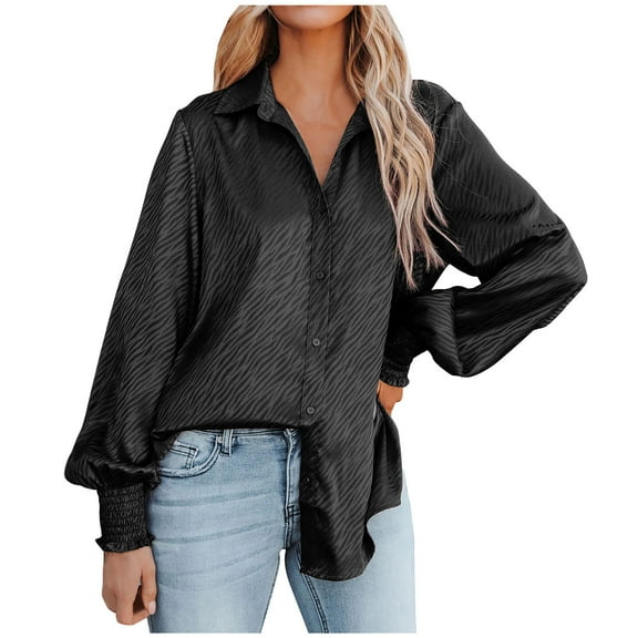 HAiming Women's Satin Long Sleeve Shirt Lapel V Neck Button down Loose Tops Plus Size Casual Work Office Blouse