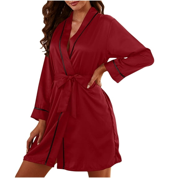 HAiming Women's Satin Robe Silk Long Sleeve Solid Color Short Bathrobe Lightweight Soft Comfort Loungewear with Belted
