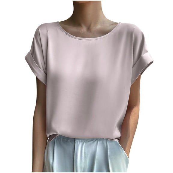 HAiming Women's Satin Silk Short Sleeve T-Shirt Summer Plus Size Casual Round Neck Solid Color Loose Basic Tops Blouse