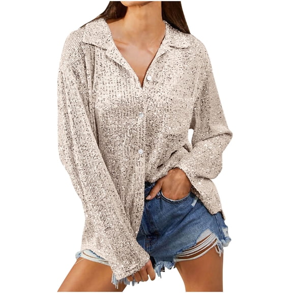 HAiming Women's Sequin Button down Shirt Plus Size Lapel Long Sleeve Sparkly Glitter Casual Cardigan Tops Blouse