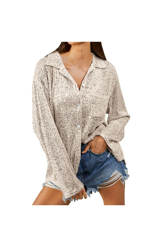 Women's Sequin Button down Shirt Plus Size Lapel Long Sleeve Sparkly Glitter Casual Cardigan Tops Blouse