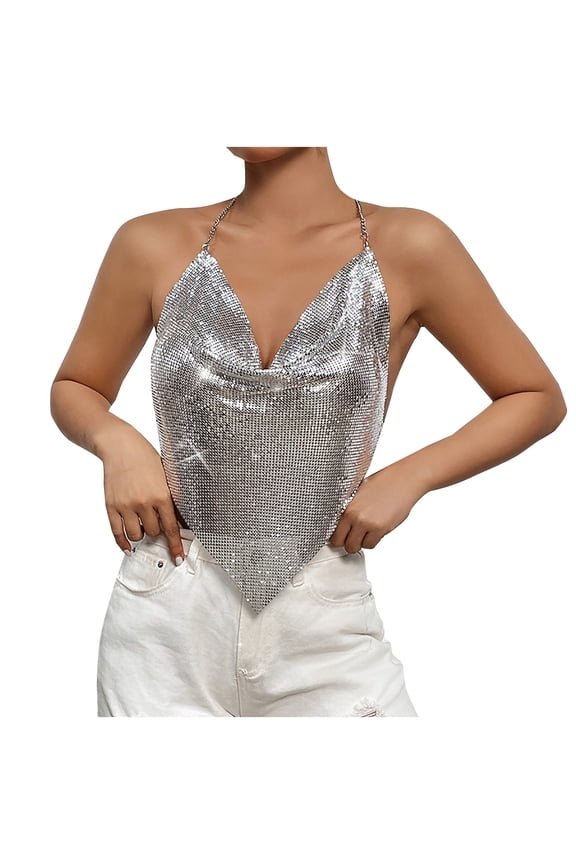 Women's Sequin Cami Body Chain Crop Top Sleeveless Cowl Neck Sparkly Tank Shirts Nightclub Party Blouses