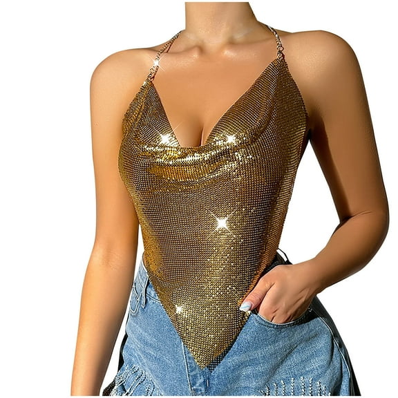 HAiming Women's Sequin Cami Body Chain Crop Top Sleeveless Cowl Neck Sparkly Tank Shirts Nightclub Party Blouses