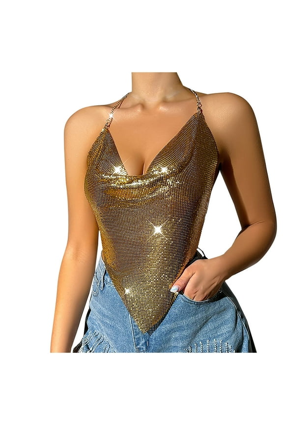 Women's Sequin Cami Body Chain Crop Top Sleeveless Cowl Neck Sparkly Tank Shirts Nightclub Party Blouses