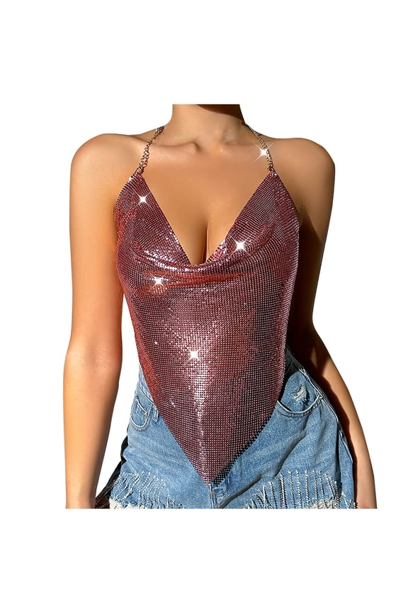 Women's Sequin Cami Body Chain Crop Top Sleeveless Cowl Neck Sparkly Tank Shirts Nightclub Party Blouses