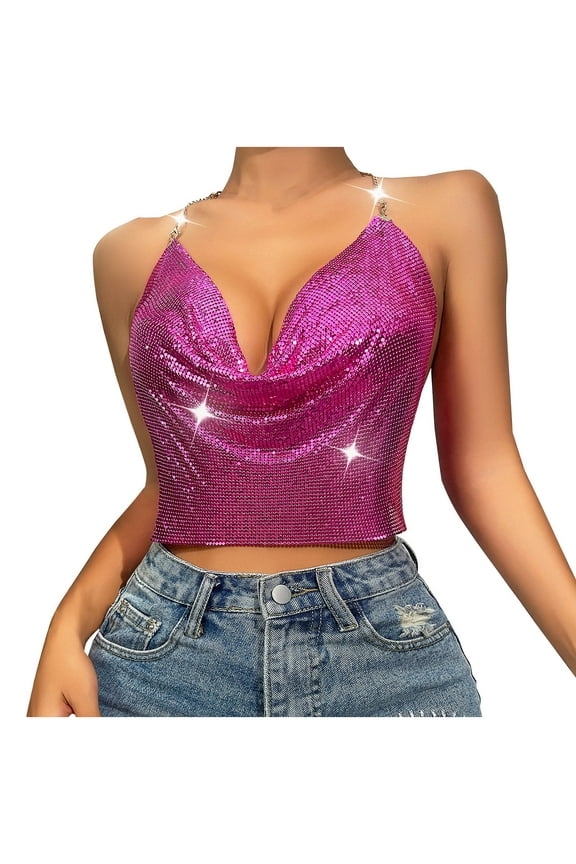 Women's Sequin Cami Body Chain Crop Top Sleeveless Cowl Neck Sparkly Tank Shirts Nightclub Party Blouses