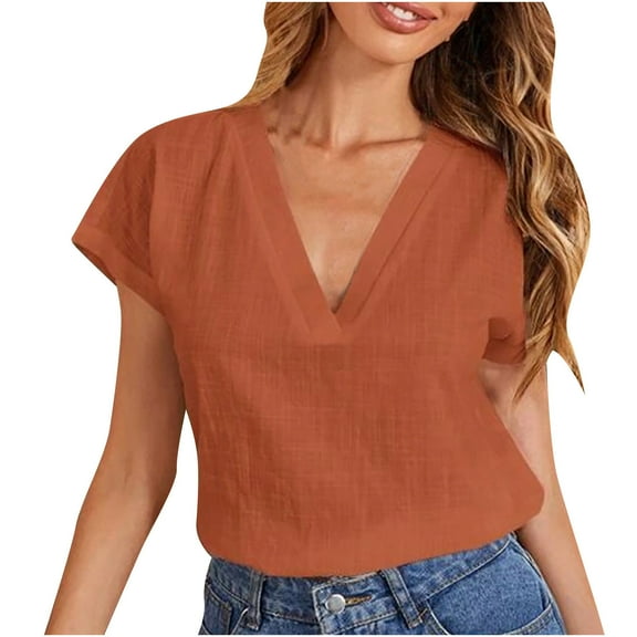 HAiming Women's Short Sleeve V-Neck Shirts 2025 Solid Color Basic Tee Tops Summer Casual Loose Pullover Blouses