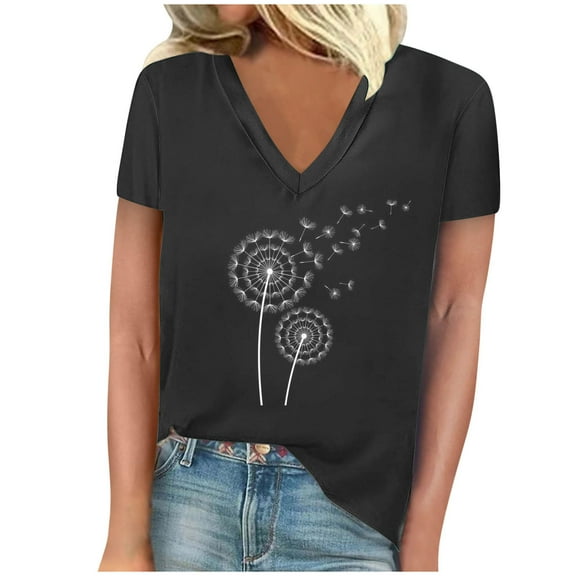 HAiming Women's Short Sleeve V-Neck Shirts 2025 Summer Trendy Graphic Printed Casual Loose Tee Boho Tops Blouses
