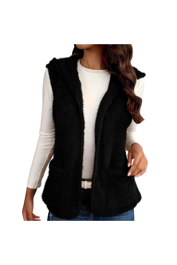 Women's Sleeveless Hooded Vest Open Front Fleece Jackets Fuzzy Tunic Coat Cardigan Warm Clothes with Pockets