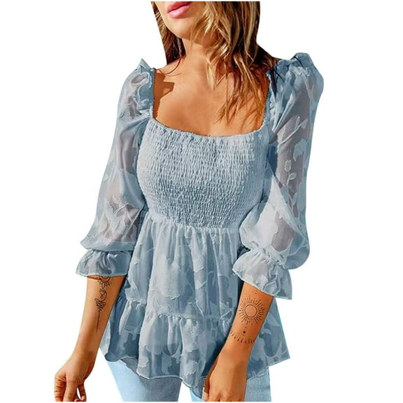 HAiming Women's Slim Round Neck Shirt Chiffon Ruffled 3/4 Sleeve Pullover Tunic Tops Casual Tiered Pleated Blouse