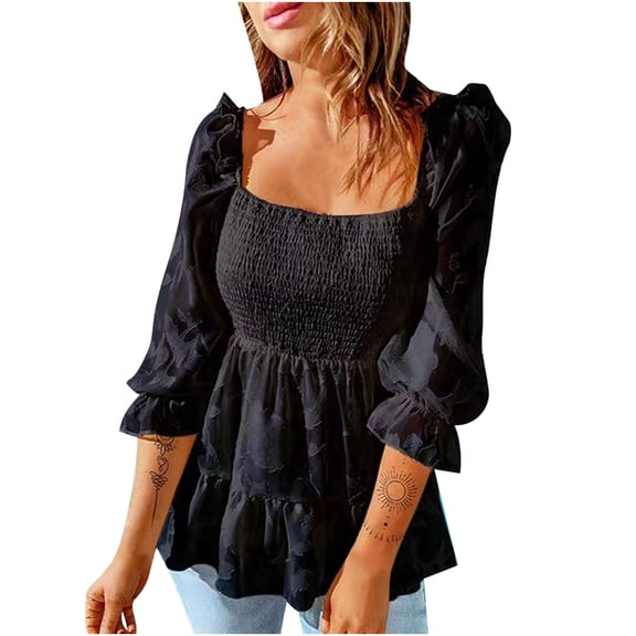 HAiming Women's Slim Round Neck Shirt Chiffon Ruffled 3/4 Sleeve Pullover Tunic Tops Casual Tiered Pleated Blouse