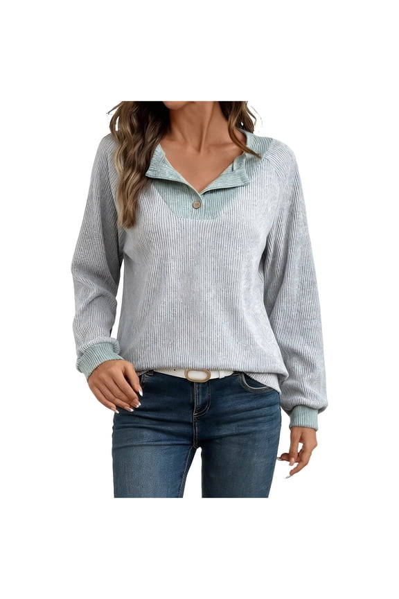Women's Splicing Tops Button V-Neck Casual Long Sleeve Color Block Pullover Shirt Blouse Trendy Clothes