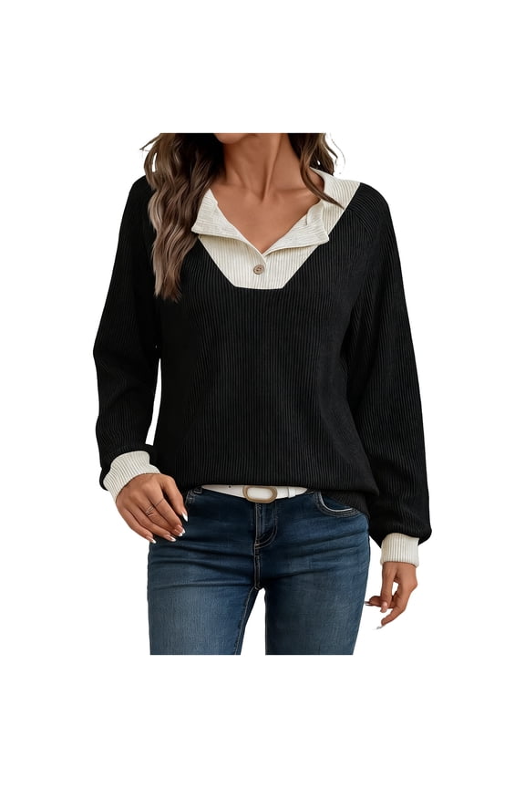 Women's Splicing Tops Button V-Neck Casual Long Sleeve Color Block Pullover Shirt Blouse Trendy Clothes
