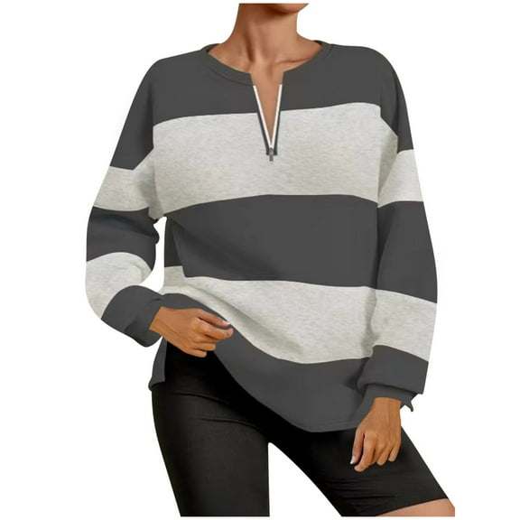 HAiming Women‘s Striped Half Zipper Sweatshirt Long Sleeve Crewneck Pullover Tops 2025 Fall Winter Casual Basic Blouse
