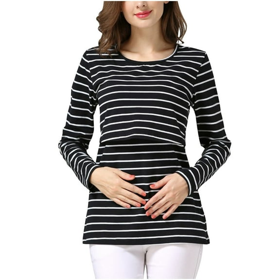 HAiming Women's Striped Maternity Nursing Tops Long Sleeve Round Neck Breastfeeding T-Shirt Casual Trendy Tee