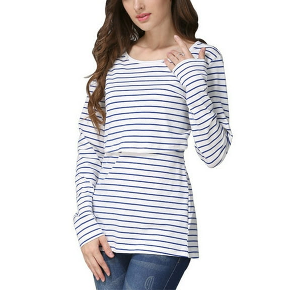 HAiming Women's Striped Maternity Nursing Tops Long Sleeve Round Neck Breastfeeding T-Shirt Casual Trendy Tee
