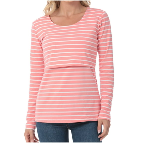 HAiming Women's Striped Maternity Nursing Tops Long Sleeve Round Neck Breastfeeding T-Shirt Casual Trendy Tee