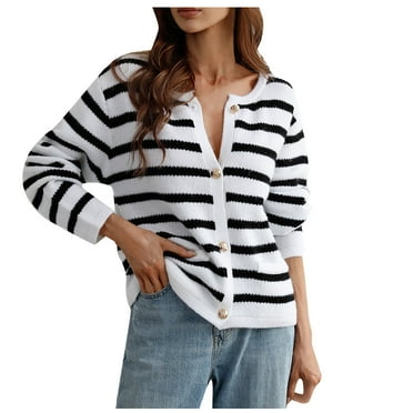HAiming Women's Striped Sweater Fashion Long Sleeved Button down Cardigan Tops 2025 Fall Winter Loose Casual Blouse
