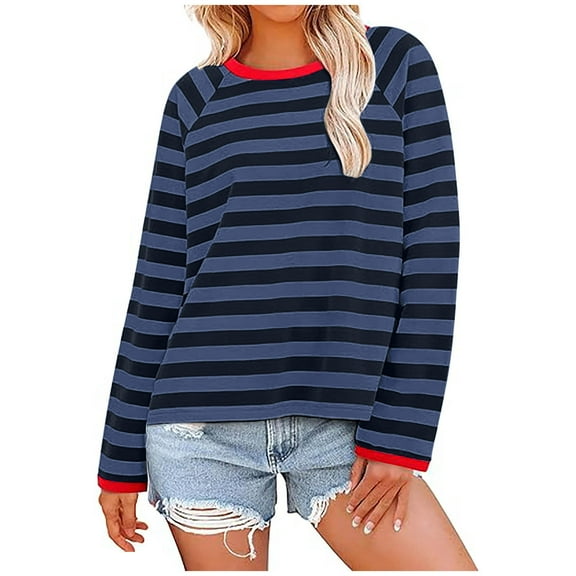 Besolor Women's Striped Shirts Casual Loose Long Sleeve Round Neck Pullover Tops Fall Trendy Blouses