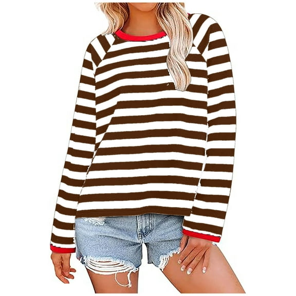 Besolor Women's Striped Shirts Casual Loose Long Sleeve Round Neck Pullover Tops Fall Trendy Blouses
