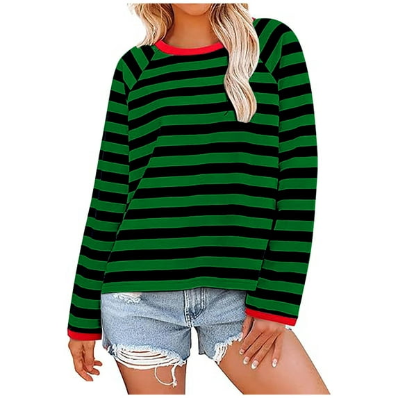 Besolor Women's Striped Shirts Casual Loose Long Sleeve Round Neck Pullover Tops Fall Trendy Blouses