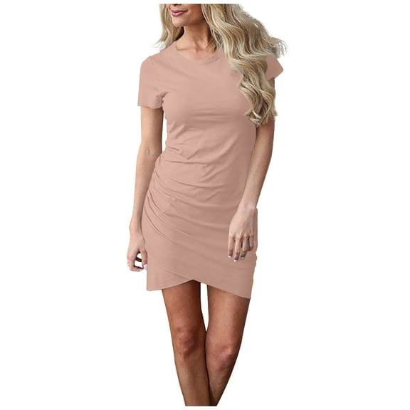 HAiming Women's Summer Casual Short Sleeve T Shirt Dress 2025 Trendy Round Neck Bodycon Wrap Ruched Mini Dresses