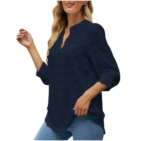 HAiming Women's Summer Chiffon Blouses Solid Color 3/4 Sleeve V Neck T-Shirt Trendy Loose Casual Dressy Pullover Tops