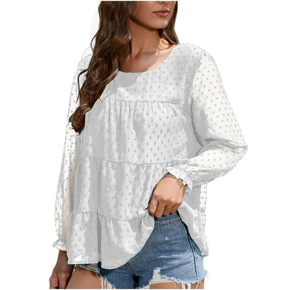 HAiming Women's Summer Chiffon Blouses Solid Color Ruffled Long Sleeve Dressy Tops Casual Loose Tiered Pleated Shirts