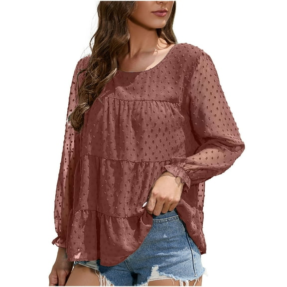 HAiming Women's Summer Chiffon Blouses Solid Color Ruffled Long Sleeve Dressy Tops Casual Loose Tiered Pleated Shirts