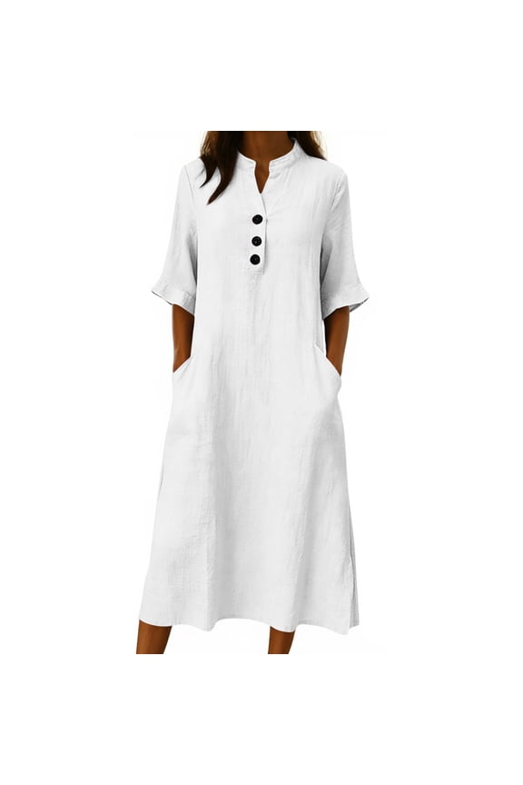 Women's Summer Midi Dresses Elegant Ruffle Elbow Sleeve Solid Color Vintage Casual Sundress Vacation Dresses with Pockets