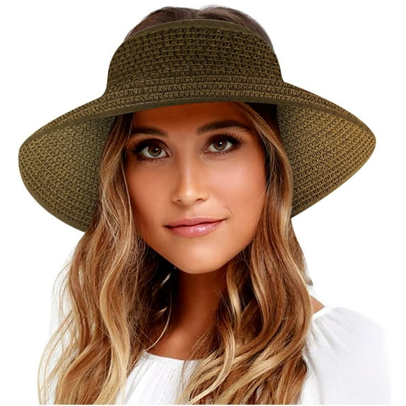 HAiming Women's Sun Visor Hat Wide Brim Straw Ponytail Summer Beach Hats UV Protection Foldable Packable Cap UPF 50+