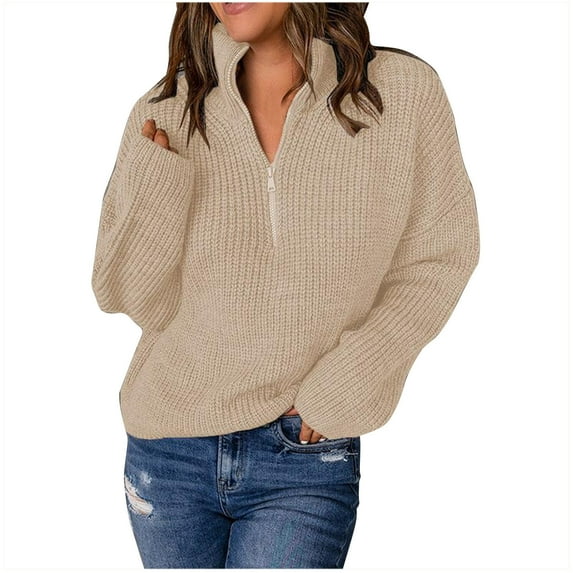 HAiming Women's Sweaters 1/4 Zip V Neck Long Sleeve Pullover Knit Tops Fall Winter Casual Solid Color Loose Blouse