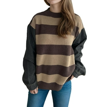 HAiming Women's Sweaters Trendy Striped Long Sleeve Knitted Tops Fall Winter Loose Casual Round-Neck Pullover Blouse